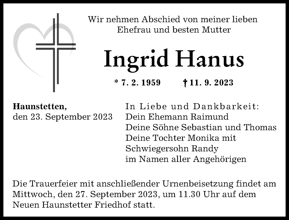  Traueranzeige für Ingrid Hanus vom 23.09.2023 aus Augsburger Allgemeine