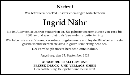 Traueranzeige von Ingrid Nähr von Augsburger Allgemeine