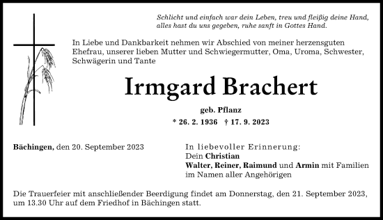 Traueranzeige von Irmgard Brachert von Donau Zeitung