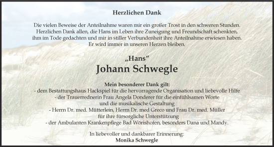 Traueranzeige von Johann Schwegle von Mindelheimer Zeitung
