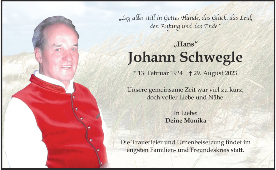 Traueranzeige von Johann Schwegle von Mindelheimer Zeitung
