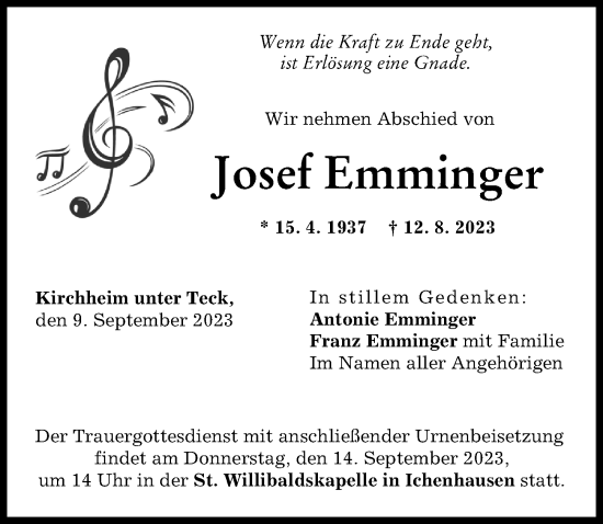 Traueranzeige von Josef Emminger von Günzburger Zeitung