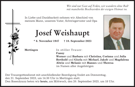 Traueranzeige von Josef Weishaupt von Donauwörther Zeitung