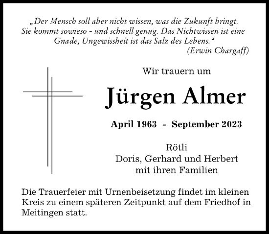 Traueranzeige von Jürgen Almer von Augsburger Allgemeine