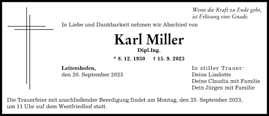 Traueranzeige von Karl Miller von Augsburger Allgemeine