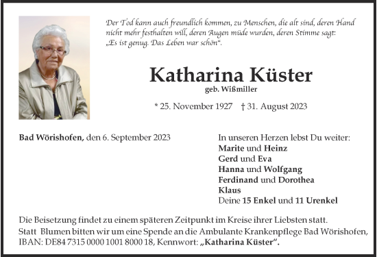 Traueranzeige von Katharina Küster von Mindelheimer Zeitung