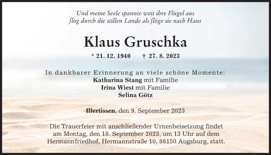 Traueranzeige von Klaus Gruschka von Illertisser Zeitung