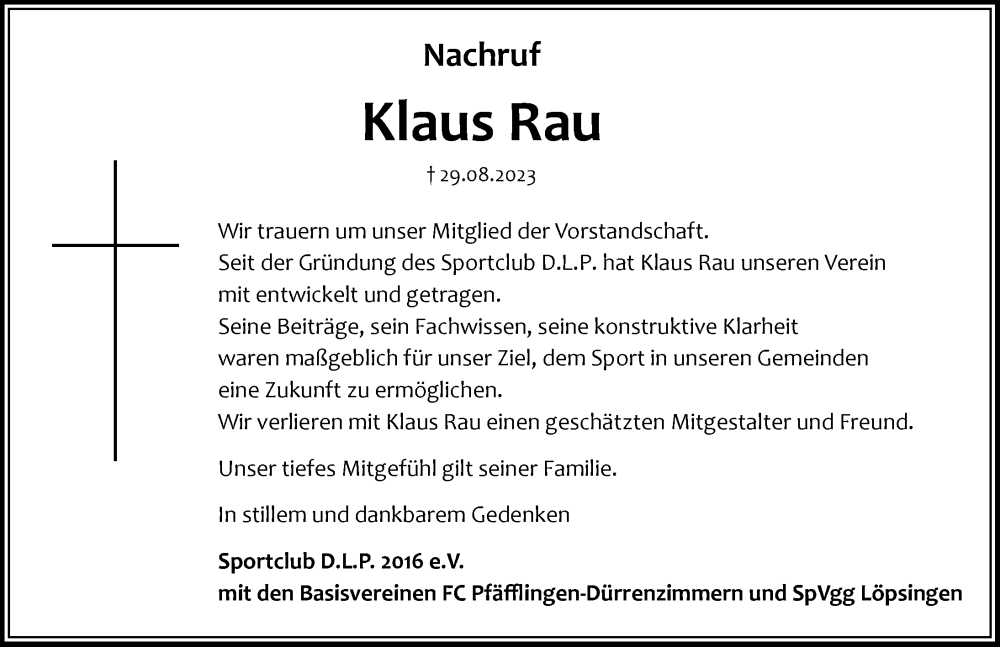  Traueranzeige für Klaus Rau vom 02.09.2023 aus Rieser Nachrichten