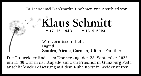 Traueranzeige von Klaus Schmitt von Günzburger Zeitung