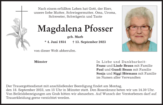 Traueranzeige von Magdalena Pfosser von Donauwörther Zeitung