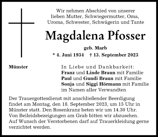 Traueranzeige von Magdalena Pfosser von Augsburg-Land