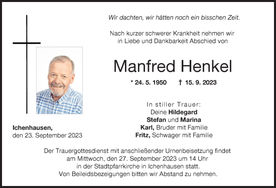 Traueranzeige von Manfred Henkel von Günzburger Zeitung