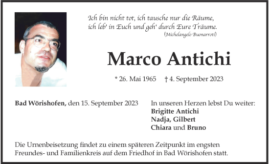 Traueranzeige von Marco Antichi von Mindelheimer Zeitung