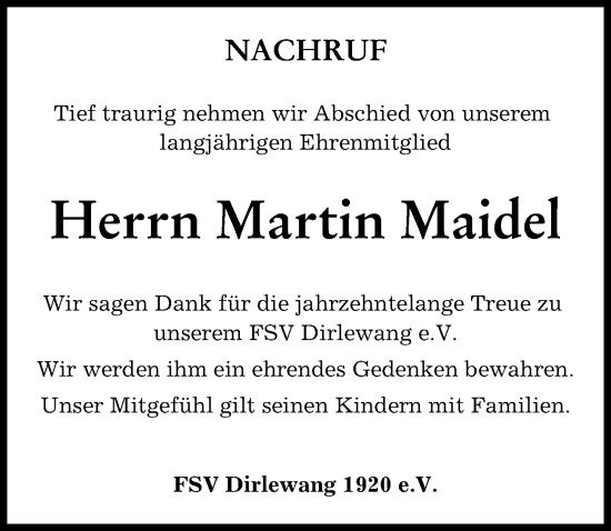 Traueranzeige von Martin Maidel von Mindelheimer Zeitung