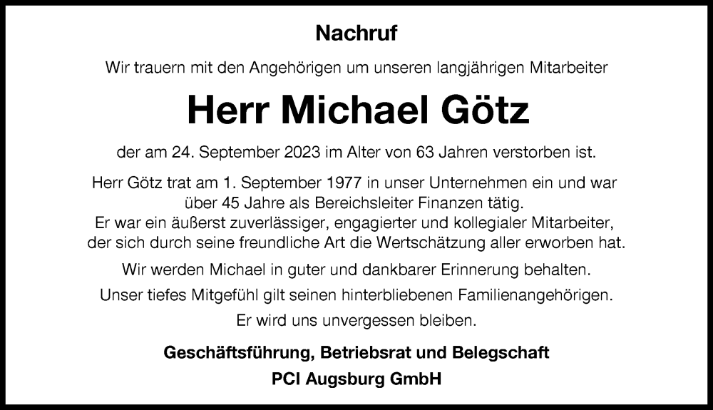  Traueranzeige für Michael Götz vom 30.09.2023 aus Augsburger Allgemeine