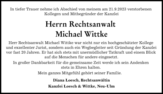 Traueranzeige von Michael Wittke von Neu-Ulmer Zeitung