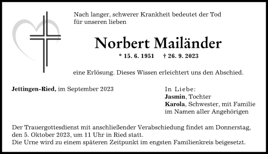 Traueranzeige von Norbert Mailänder von Günzburger Zeitung