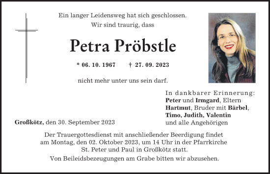 Traueranzeige von Petra Pröbstle von Günzburger Zeitung