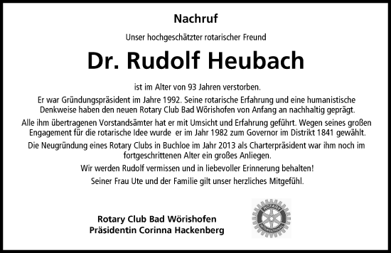 Traueranzeige von Rudolf Heubach von Mindelheimer Zeitung