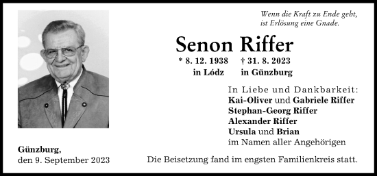 Traueranzeige von Senon Riffer von Günzburger Zeitung