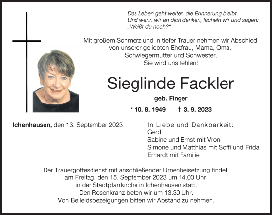 Traueranzeige von Sieglinde Fackler von Günzburger Zeitung