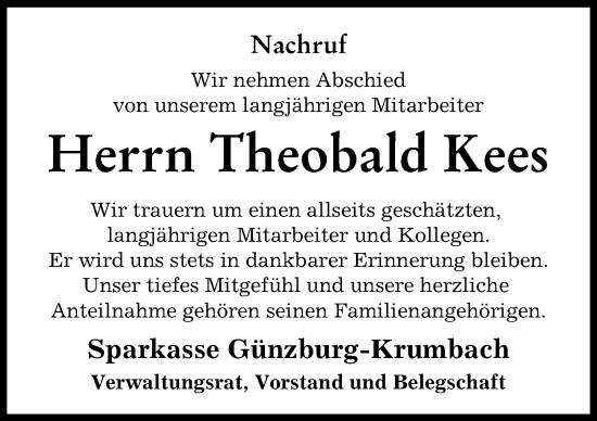 Traueranzeige von Theobald Kees von Mittelschwäbische Nachrichten