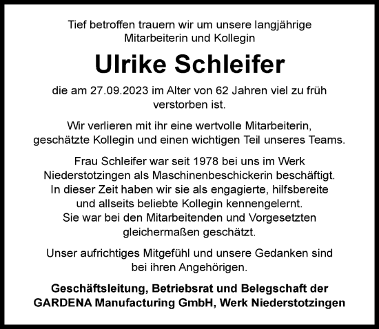 Traueranzeige von Ulrike Schleifer von Günzburger Zeitung