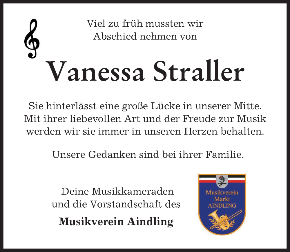  Traueranzeige für Vanessa Straller vom 02.09.2023 aus Aichacher Nachrichten