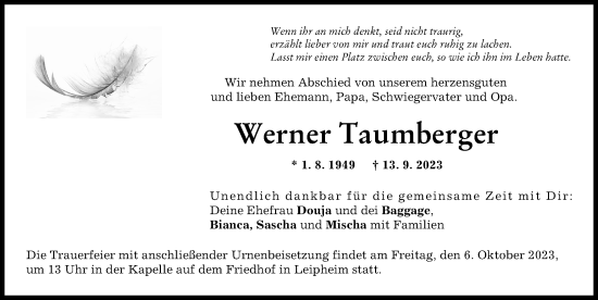 Traueranzeige von Werner Taumberger von Günzburger Zeitung