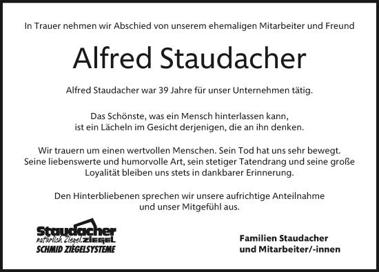 Traueranzeige von Alfred Staudacher von Günzburger Zeitung, Mittelschwäbische Nachrichten