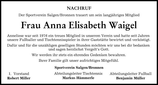Traueranzeige von Anna Elisabeth Waigel von Mindelheimer Zeitung