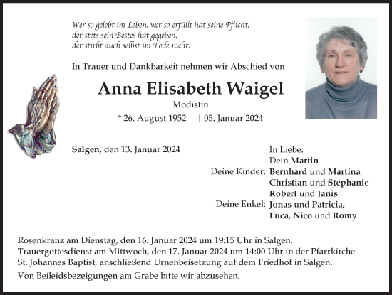 Traueranzeige von Anna Elisabeth Waigel von Mindelheimer Zeitung