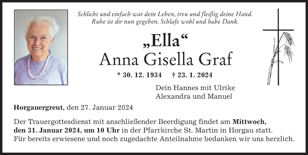  Traueranzeige für Anna Gisella Graf vom 27.01.2024 aus Augsburger Allgemeine