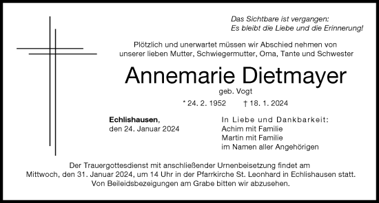 Traueranzeige von Annemarie Dietmayer von Günzburger Zeitung