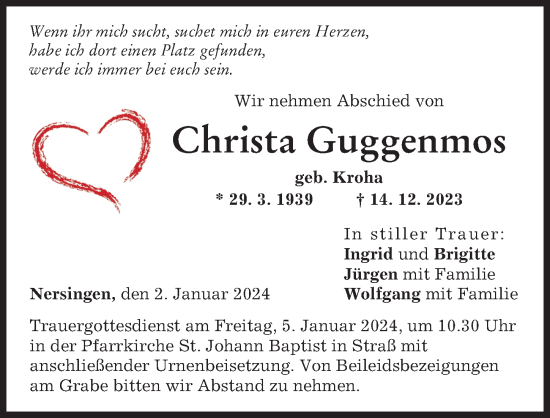 Traueranzeige von Christa Guggenmos von Neu-Ulmer Zeitung
