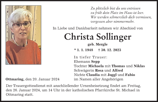 Traueranzeige von Christa Sollinger von Friedberger Allgemeine