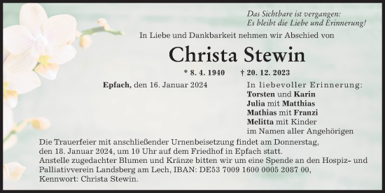 Traueranzeige von Christa Stewin von Landsberger Tagblatt