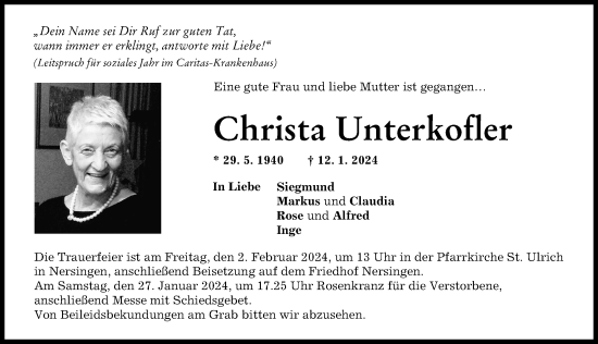 Traueranzeige von Christa Unterkoffer von Neu-Ulmer Zeitung