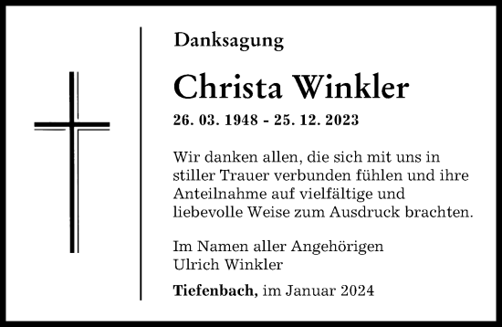Traueranzeige von Christa Winkler von Illertisser Zeitung