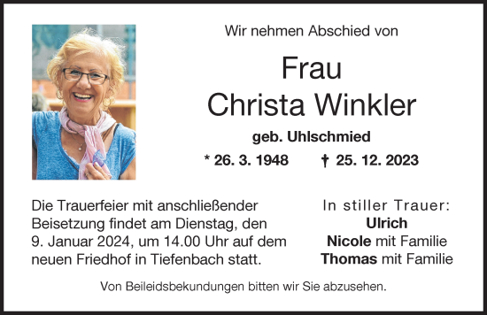 Traueranzeige von Christa Winkler von Illertisser Zeitung