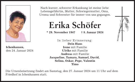 Traueranzeige von Erika Schäfer von Günzburger Zeitung