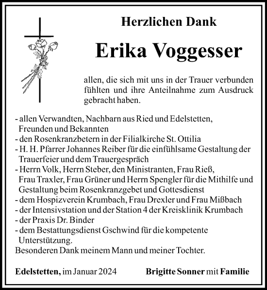 Traueranzeige von Erika Voggesser von Mittelschwäbische Nachrichten, Günzburger Zeitung