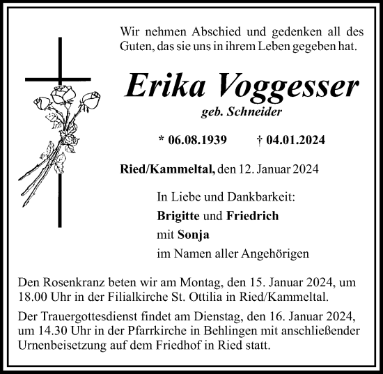 Traueranzeige von Erika Voggesser von Mittelschwäbische Nachrichten, Günzburger Zeitung