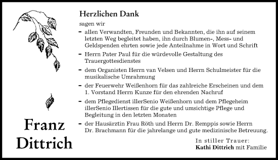Traueranzeige von Franz Dittrich von Neu-Ulmer Zeitung
