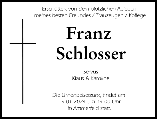 Traueranzeige von Franz Schlosser von Donauwörther Zeitung