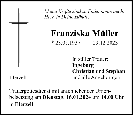Traueranzeige von Franziska Müller von Neu-Ulmer Zeitung