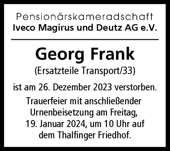 Traueranzeige von Georg Frank von Illertisser Zeitung, Günzburger Zeitung, Neu-Ulmer Zeitung