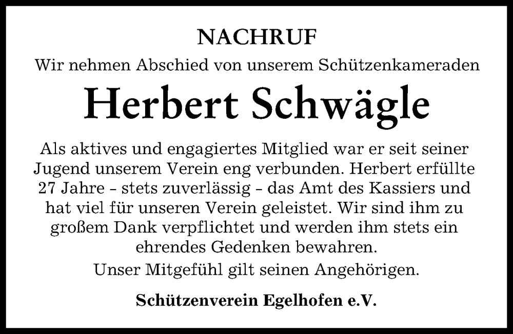  Traueranzeige für Herbert Schwägle vom 27.01.2024 aus Mindelheimer Zeitung