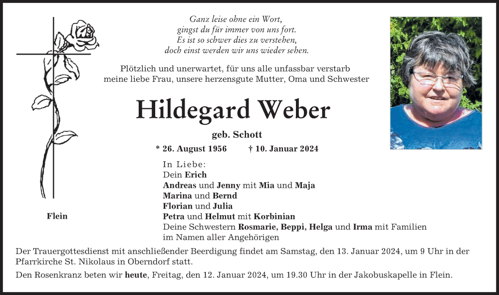  Traueranzeige für Hildegard Weber vom 12.01.2024 aus Donauwörther Zeitung