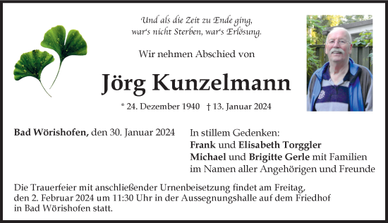 Traueranzeige von Jörg Kunzelmann von Mindelheimer Zeitung